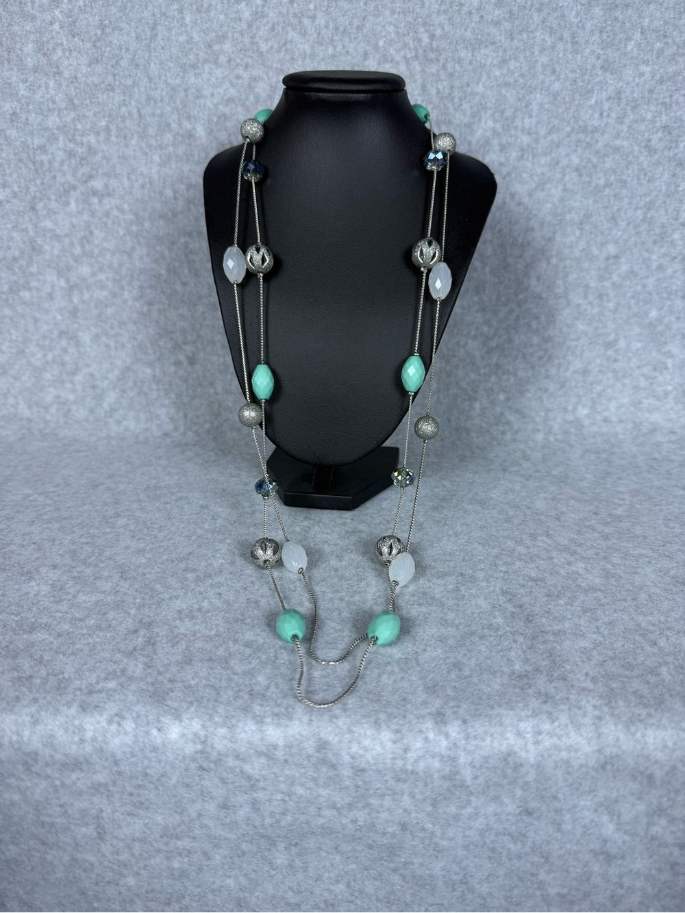 Long Layered Beaded Necklace Mint Green White Silver Tone Multi Strand